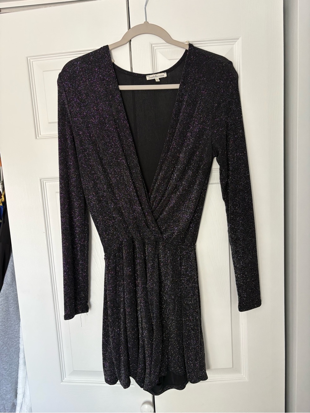 Women’s Sparkle V-Neck Long Sleeve Dress Romper - Black with Shimmer